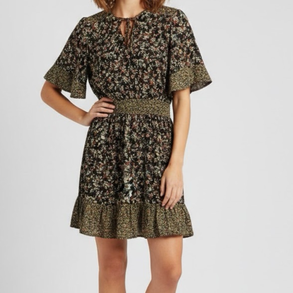 Zara Black Floral Peasant Ruffled Mini Dress Small
